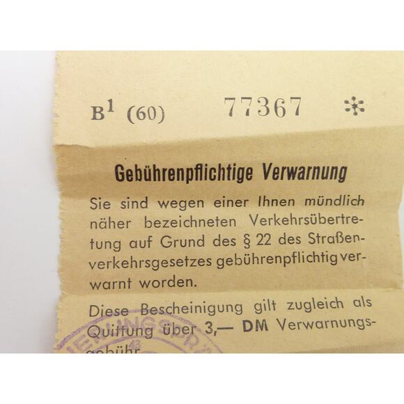 Vintage 1964 Traffic Ticket Warning Germany Ephemera Souvenir - Picture 3 of 5